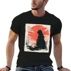 Kawaii Cat Anime Japanese Retro Men Women Kids Funny Cat  Ribbed Collar T-Shirt