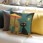 Mid Century Atomic Tiki Black Cat – Retro Lounge Aesthetic Soft Luxury Feel Throw Pillow
