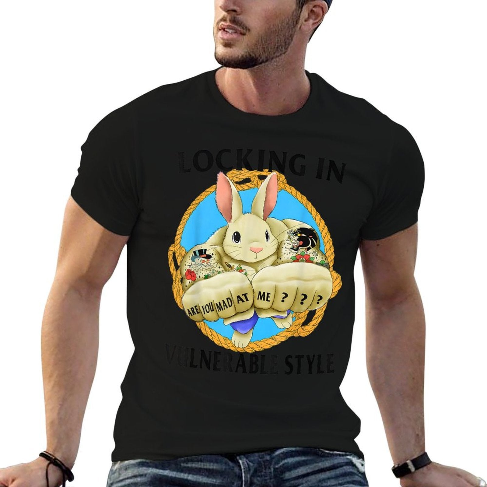 Locking In Vulnerable Style Mad at Me Funny Rabbit Meme  Versatile T-Shirt