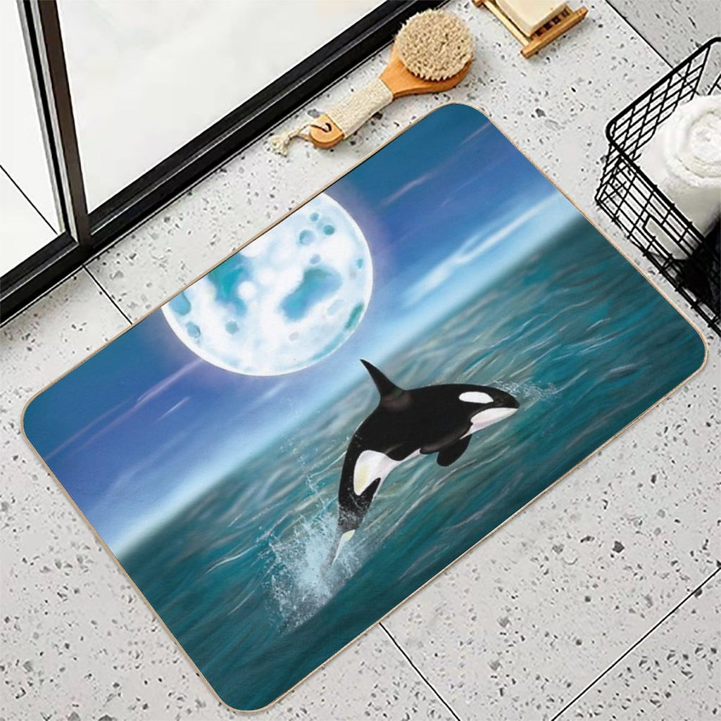 Killer Whale Swimming on Full Moon Light  Repositionable Bath Mat