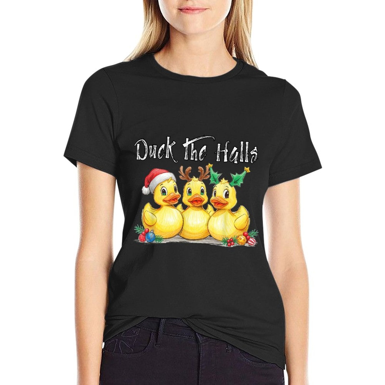 Duck The Halls Santa Hat Reindeer Ears Holly Christmas Fun  Heathered Texture T-Shirt