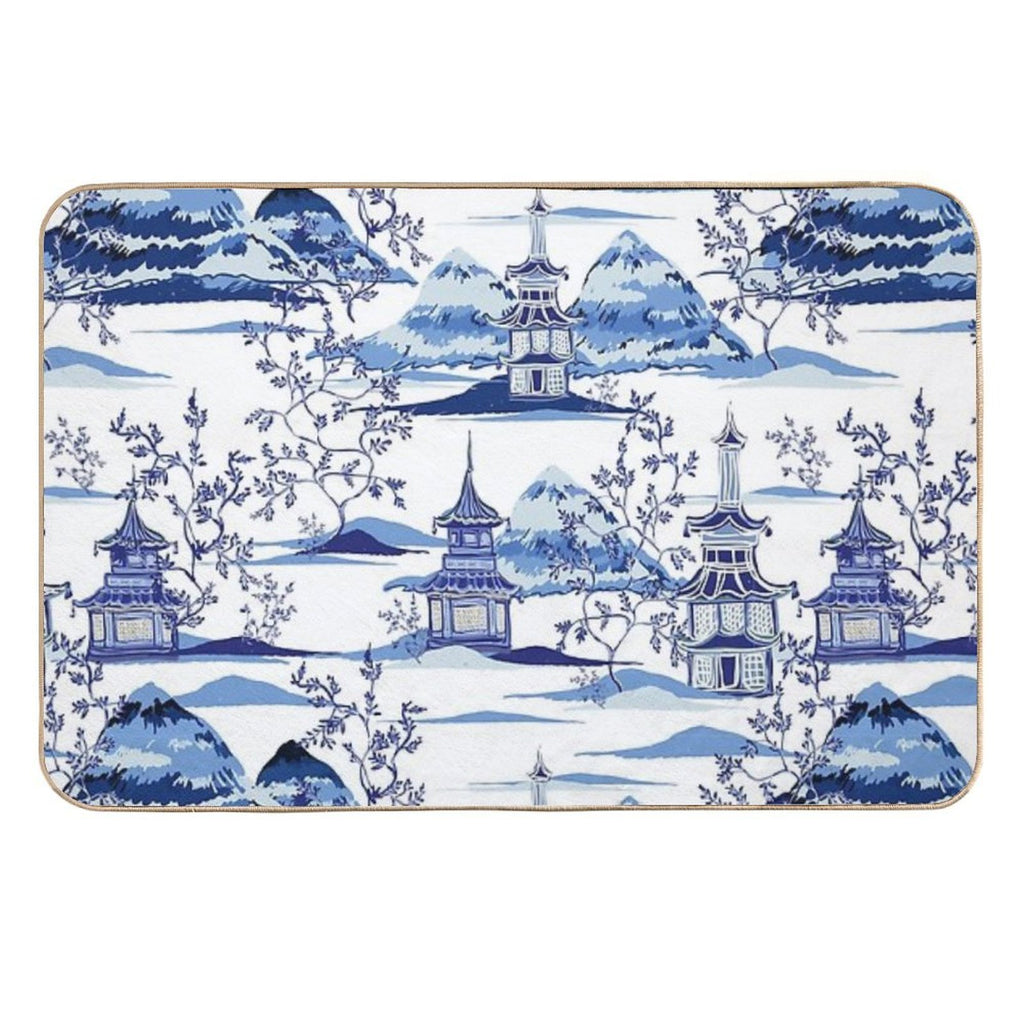 Chinese Pagodas And Mountains in Vintage Blue  Toxin-Free Bath Mat