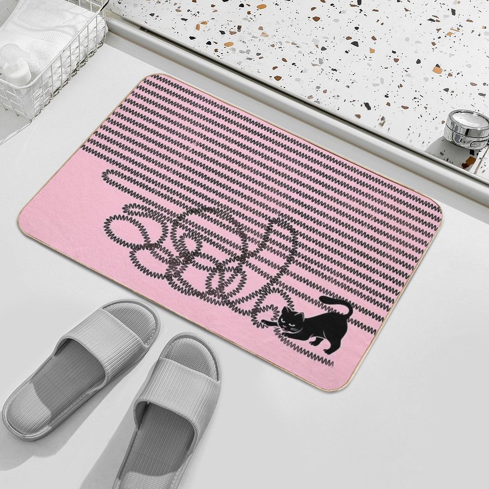 Unravel (Black Cat on Pink)  Multi-Purpose Bath Mat