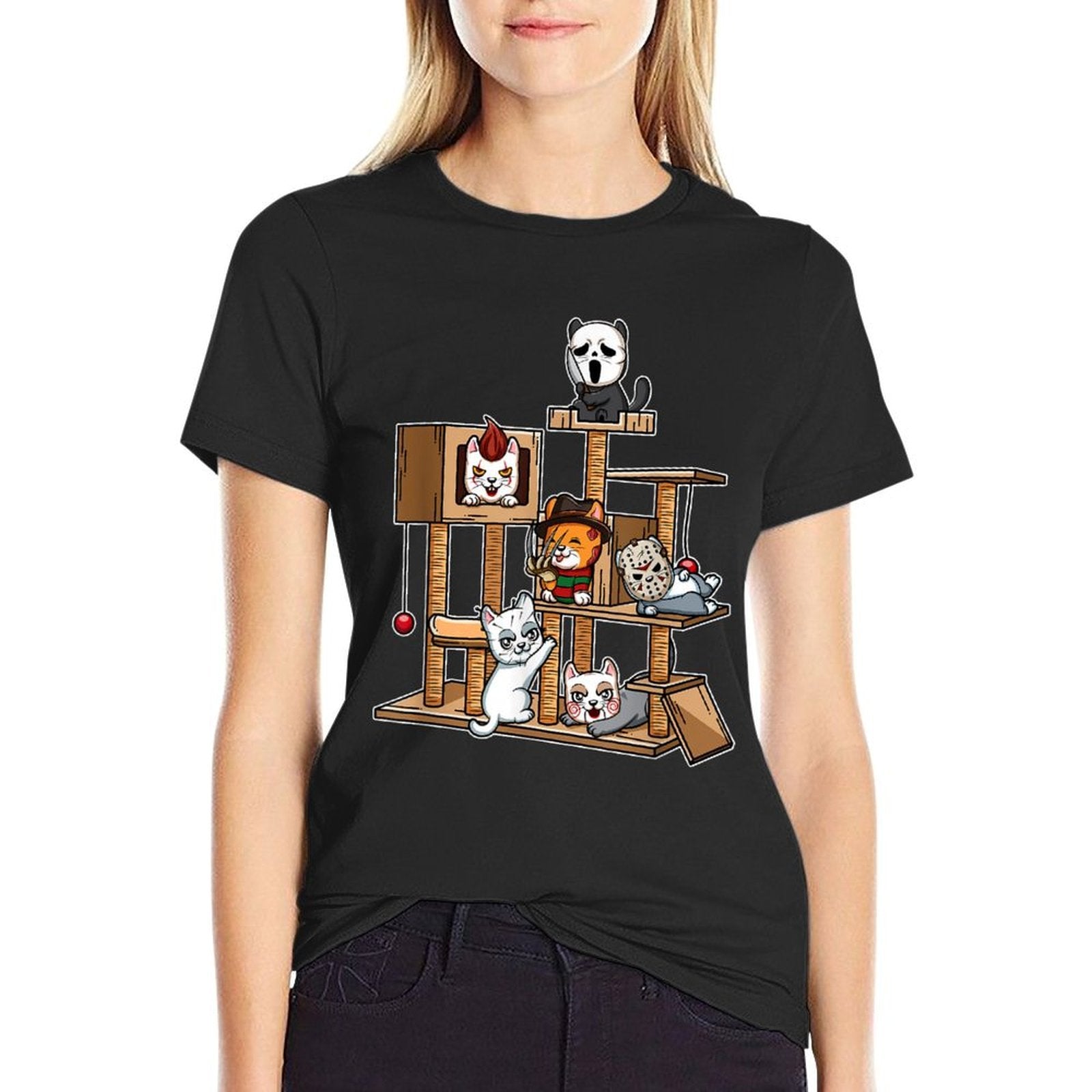 Funny Horror Movie Kitten Playing On Cat Tree  Moisture-wicking T-Shirt