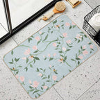 Magnolias Watercolor Asian Inspired Pastel Pink Mint  High-Traffic Bath Mat