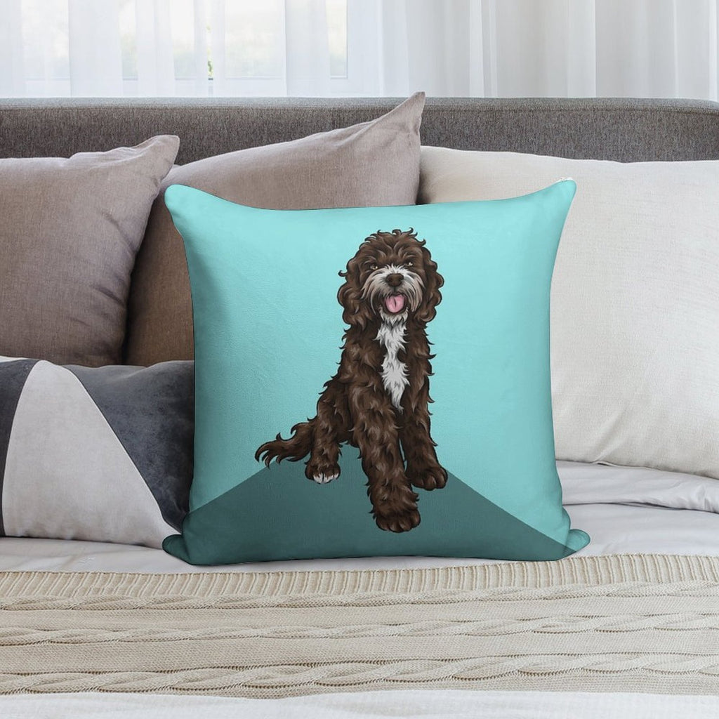 Sproodle  Cute Dog Art  Turquoise Background Soft Reinforced Edging Throw Pillow