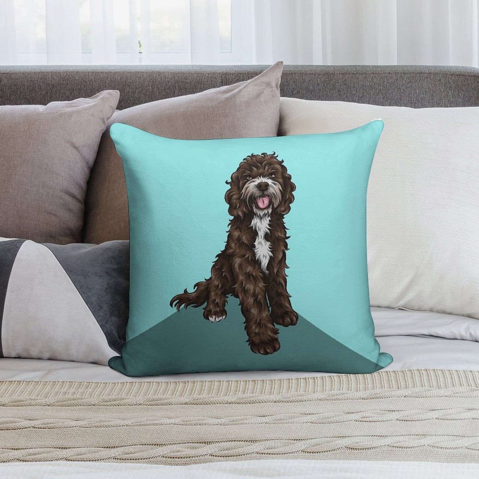 Sproodle  Cute Dog Art  Turquoise Background Soft Reinforced Edging Throw Pillow