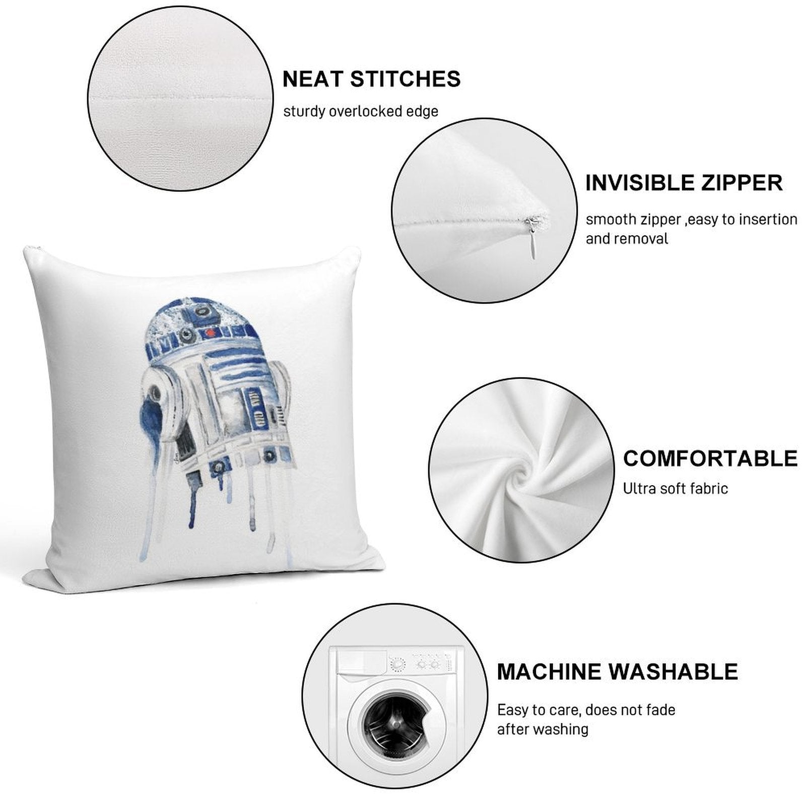 Star Wars Watercolour R2D2, Retro Droid Soft Hidden Zipper Throw Pillow