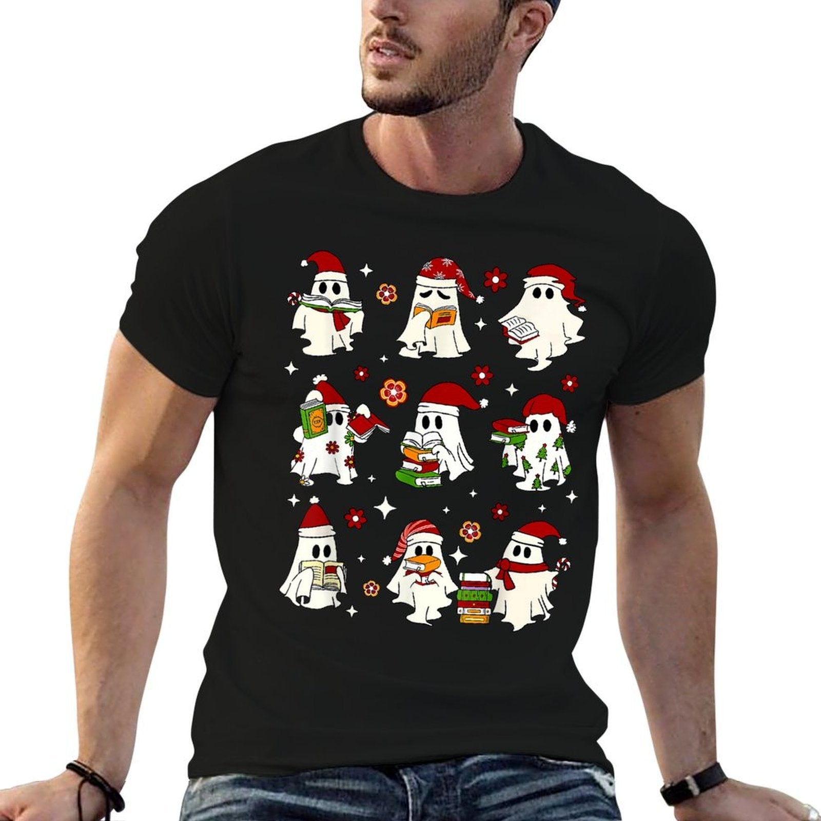 Funny Santa Ghost Reading Books Christmas Library Teacher  High-quality Stitching T-Shirt