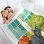 Black Cat on A Sunny Windowsill – Cozy Cottage Illustration Plush Throw Blanket