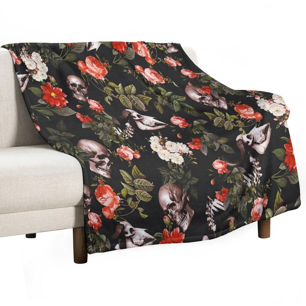Skull And Floral Pattern Multi-functional Throw Blanket
