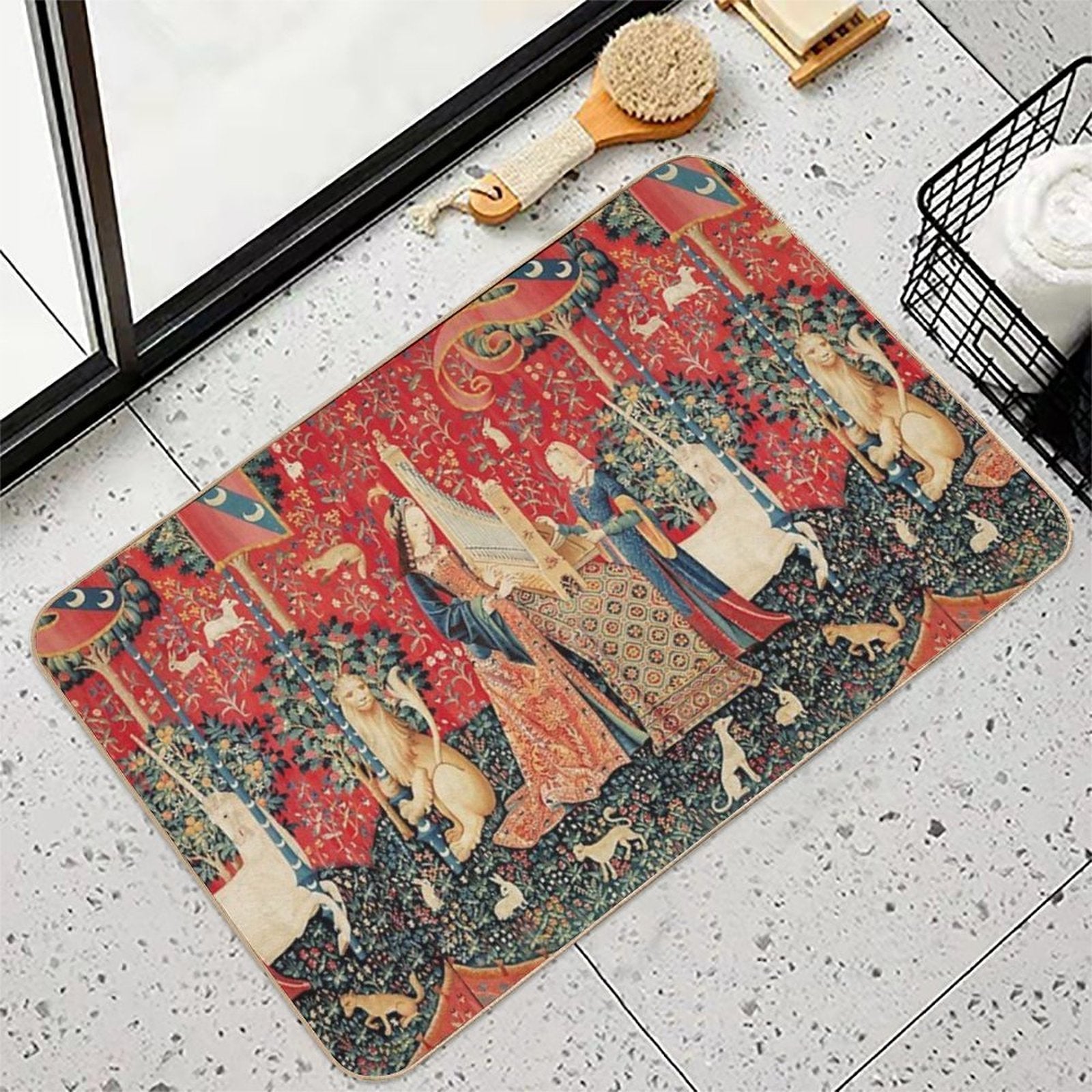 UNICORN AND LADY PLAYING ORGAN WITH ANIMALS , Hearing  Odorless Bath Mat