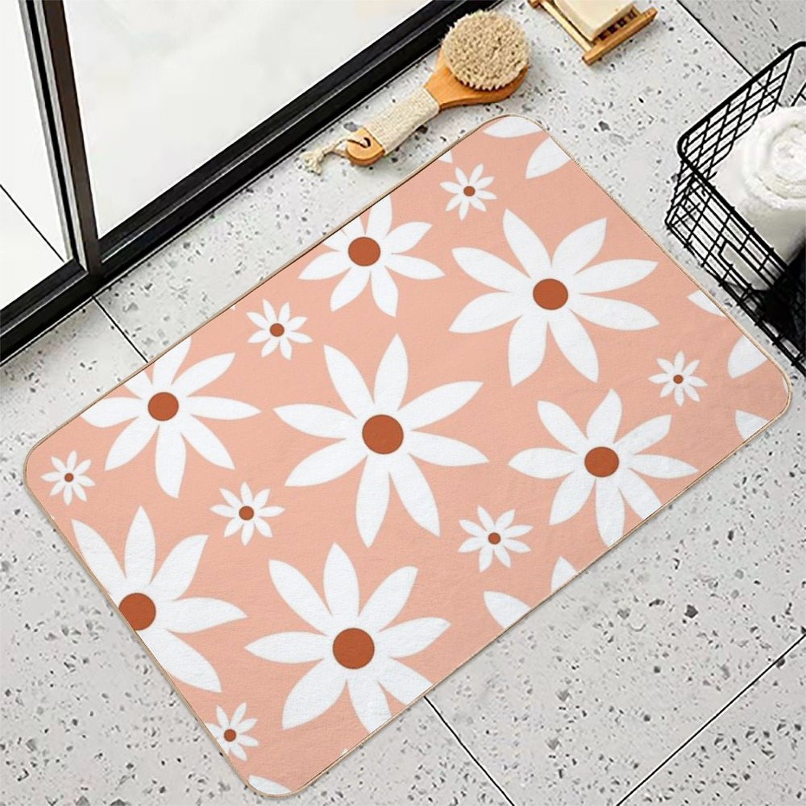 Fun, Modern, Flowers Print, Orange, Teal And White  Absorbent Bath Mat