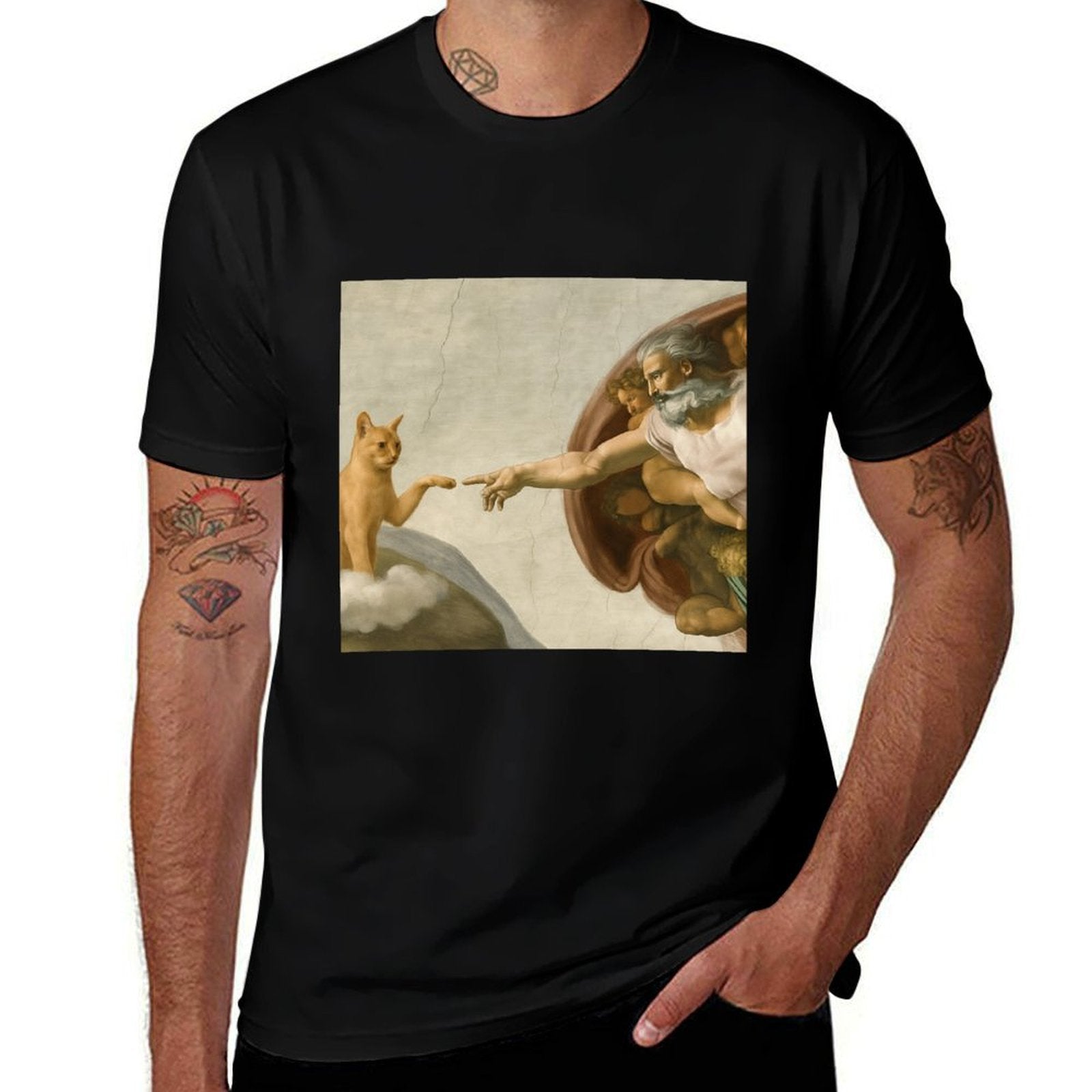 Funny Cat God Creation of Adam Meme Jesus  Tagless Design T-Shirt