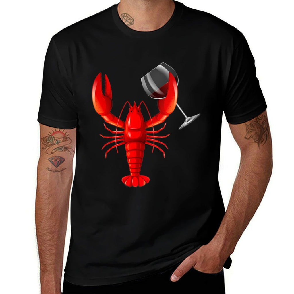 Womens Funny Wine Drinking Lobster Red Crawfish Wine Lovers Gift  Rolled Sleeves T-Shirt
