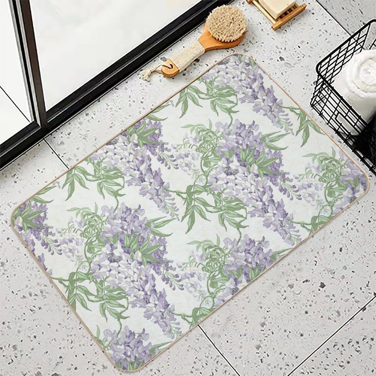 Vintage Wisteria Floral Wallpaper Print  Light Blue & Lavender Botanical Design  Repositionable Bath Mat