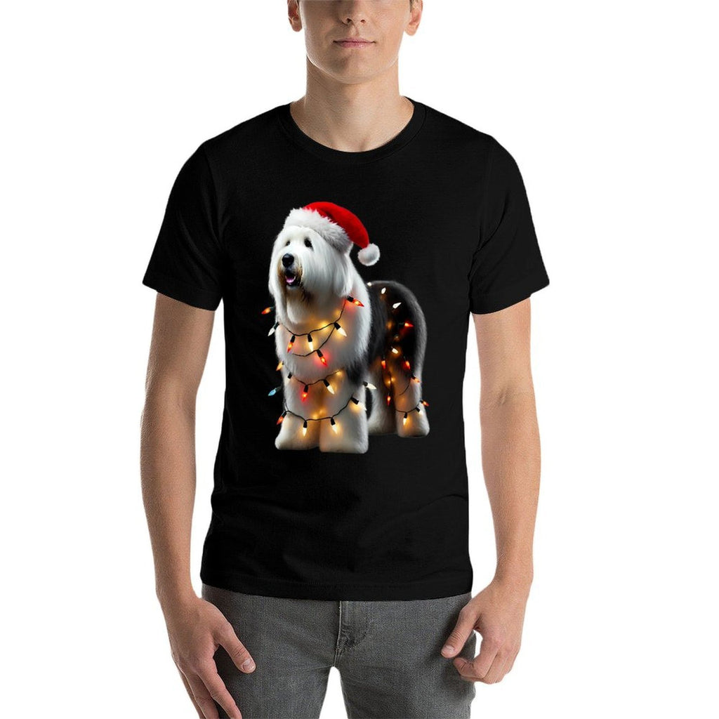 Old English Sheepdog Santa Hat Christmas Lights Dog Owner  Polyester Blend T-Shirt