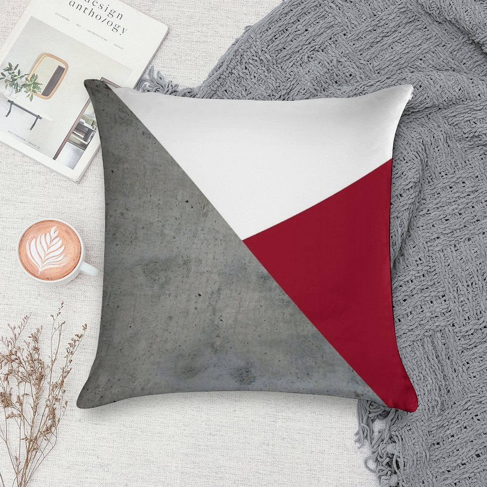 Concrete Grey And Burgundy Red Geometric Background Soft Durable Construction Throw Pillow