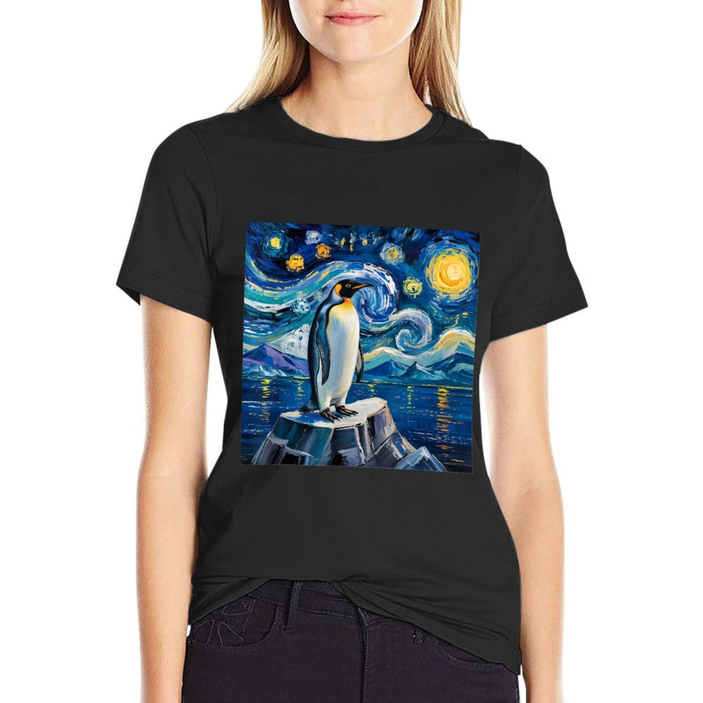 Penguin Starry Night Funny Penguin Art Van Gogh Style  High-quality Stitching T-Shirt