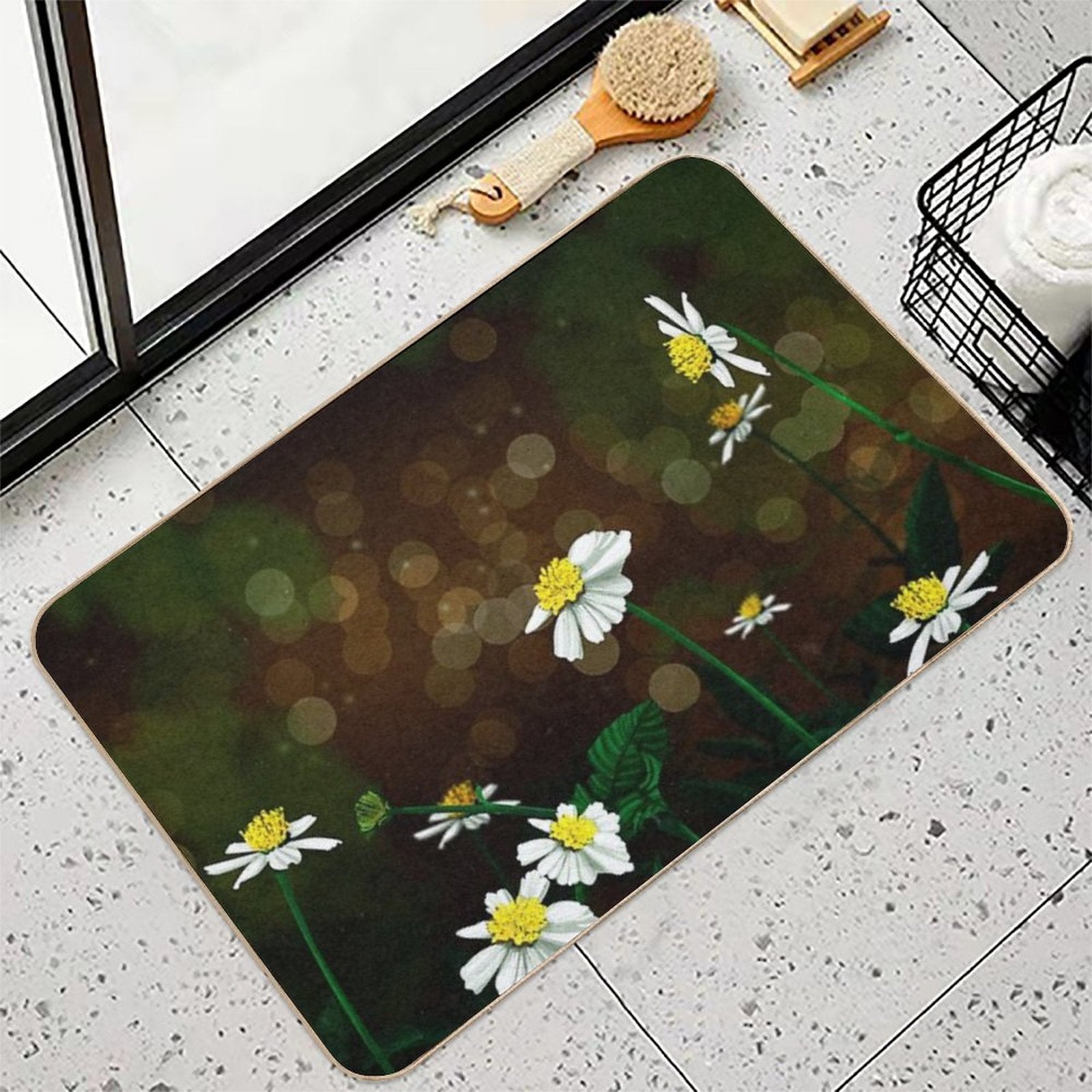 White Flowers  Easy Maintenance Bath Mat