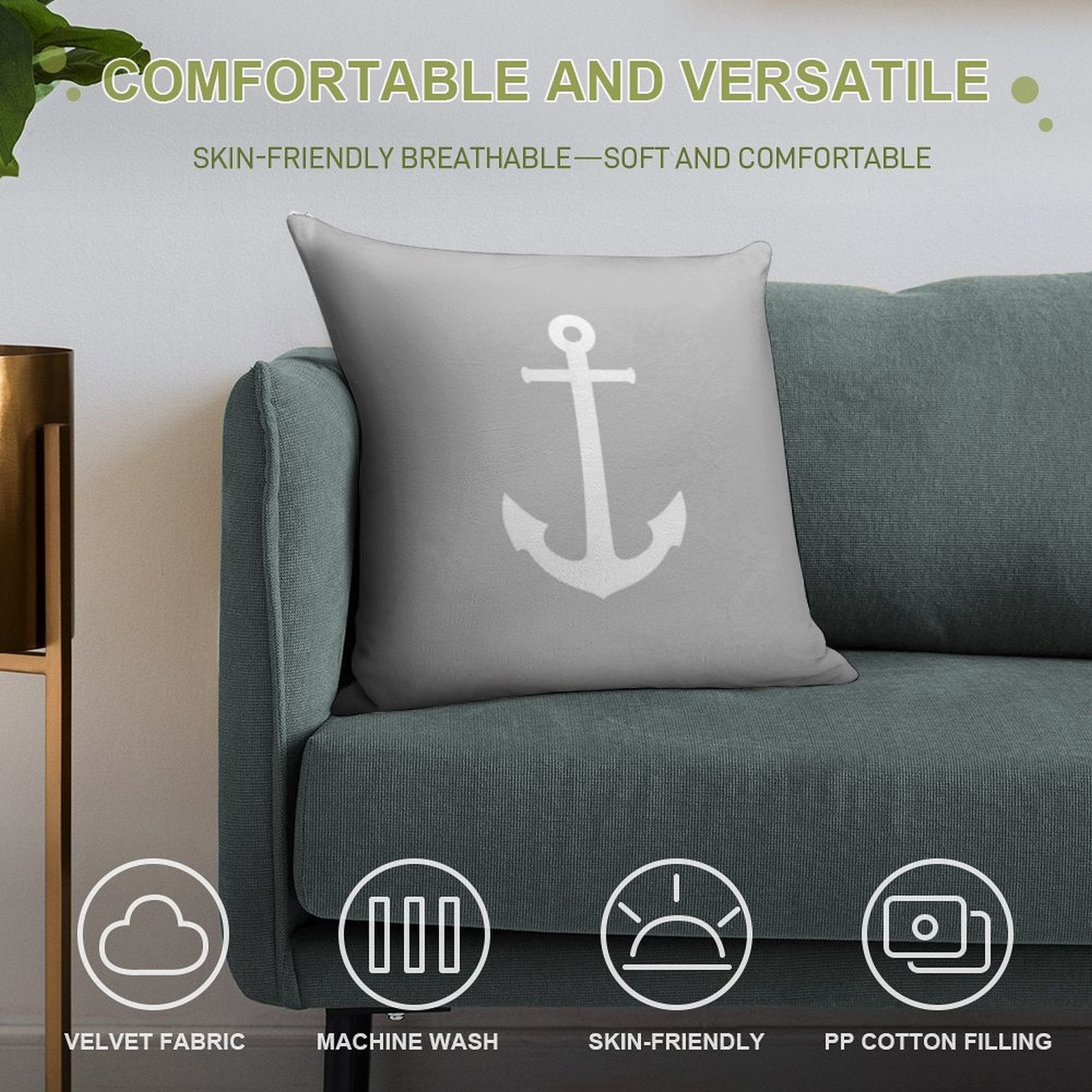 White Anchor On Silver Gray Soft Hidden Zipper Throw Pillow