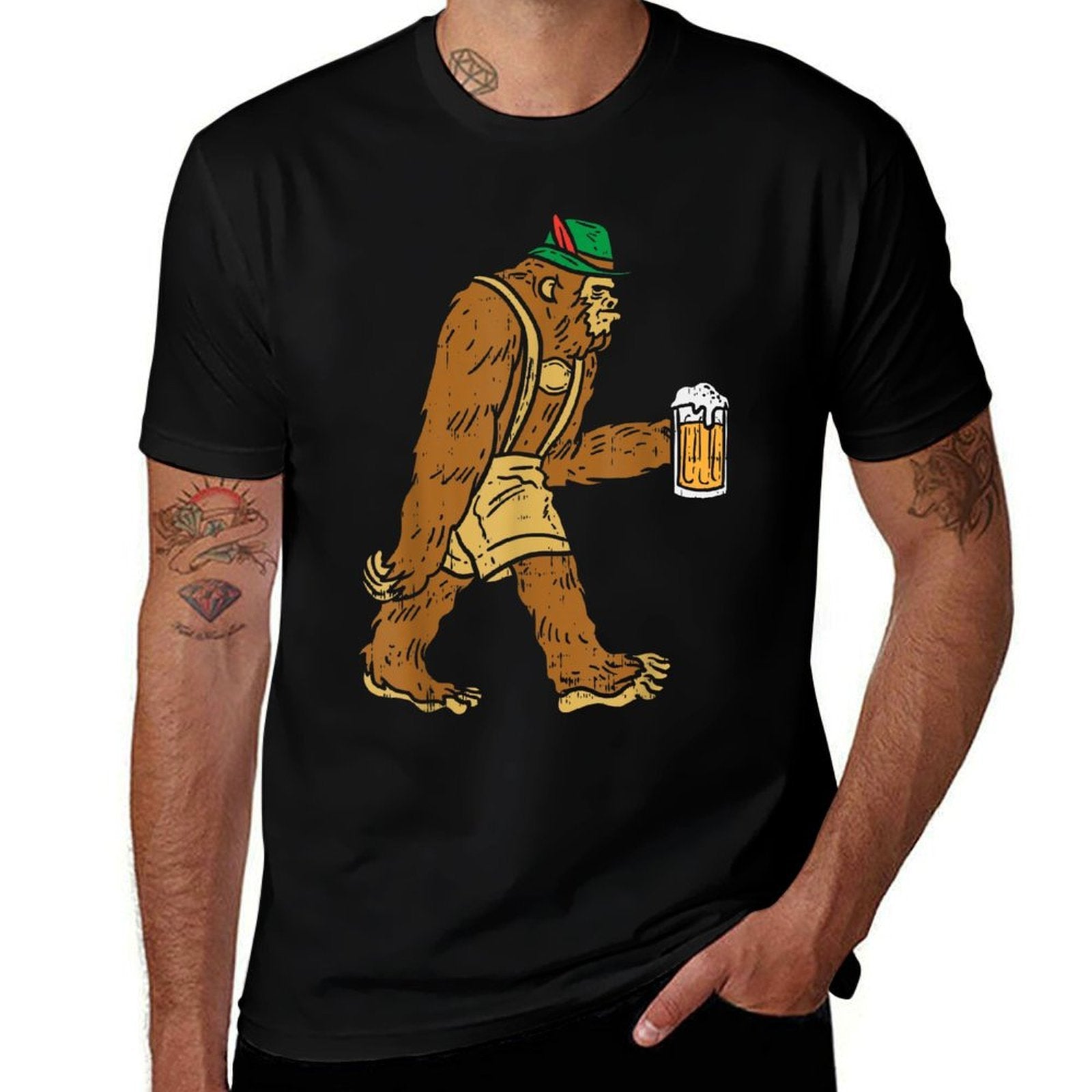 German Bigfoot Sasquatch Beer Lederhose Funny Oktoberfest  High-quality Stitching T-Shirt
