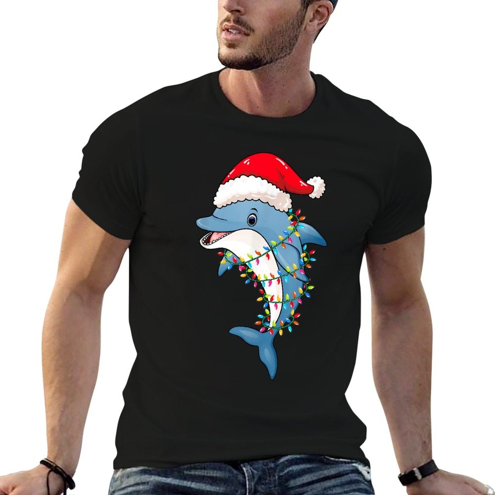 Christmas Lights Dolphin Wearing Xmas Hat - Dolphin Lover  Slim-fit Cut T-Shirt