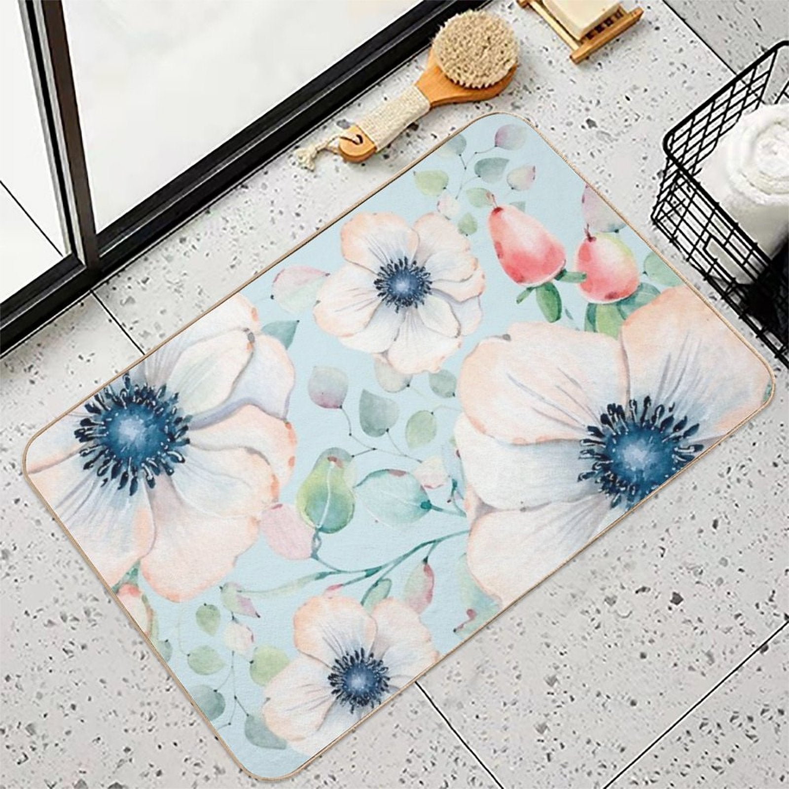 Summer Flowers Light Blue  Rapid-Drying Bath Mat
