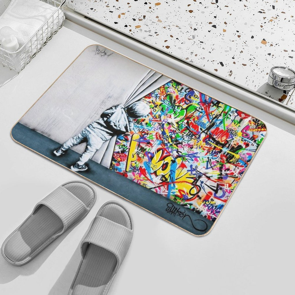 Behind The Curtain Boy - Colorful Graffiti Pop Art - Banksy Street Art Mural  Toxin-Free Bath Mat