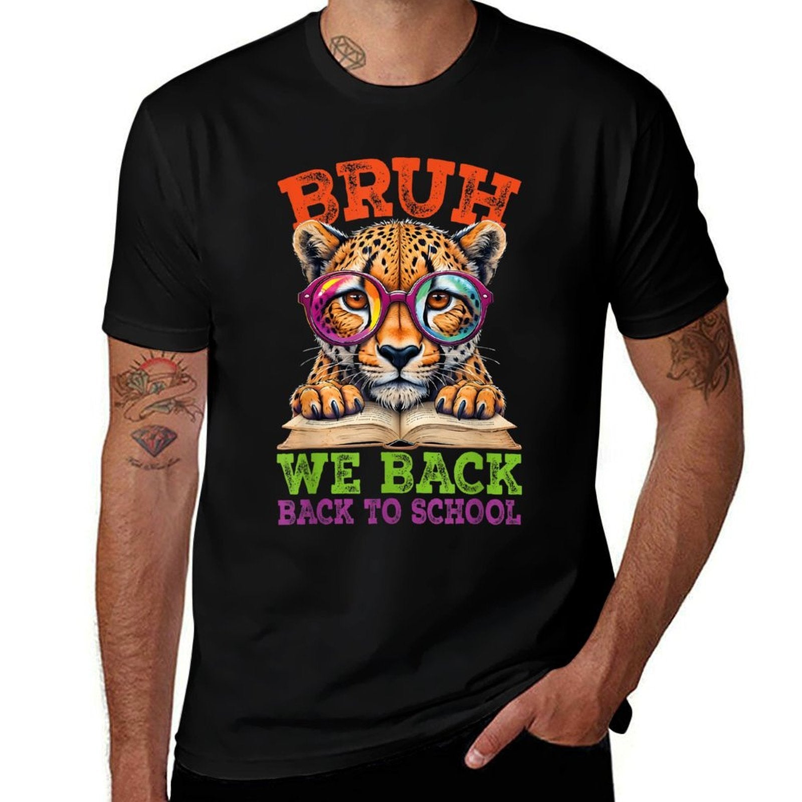 Bruh We Back Cheetah Back To School Teacher Boys Girls Kids  Ribbed Collar T-Shirt