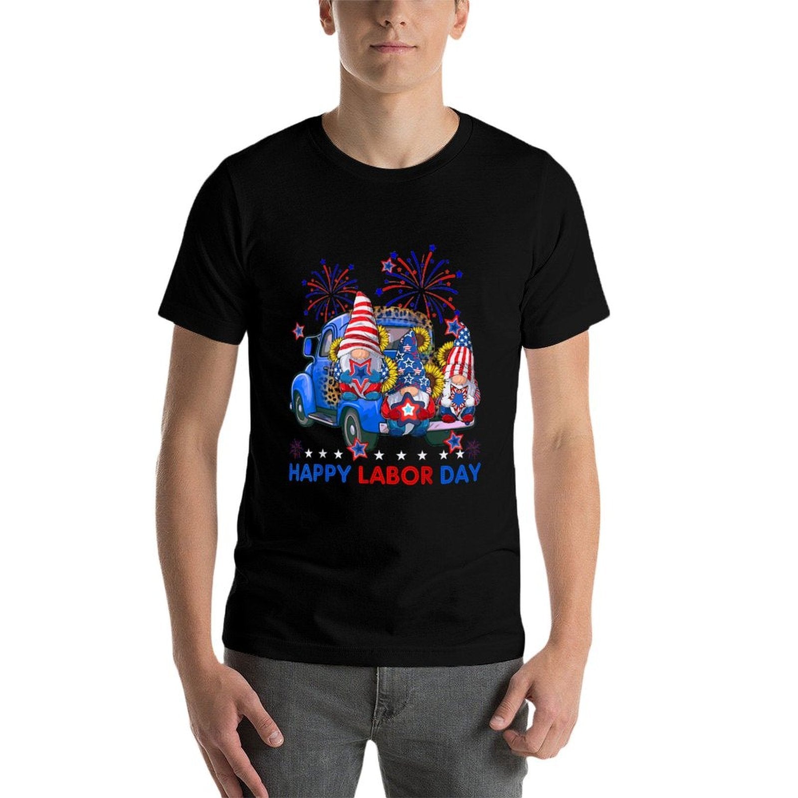 Happy Labor Day Fireworks American And Funny Gnomes  Wrinkle-resistant T-Shirt