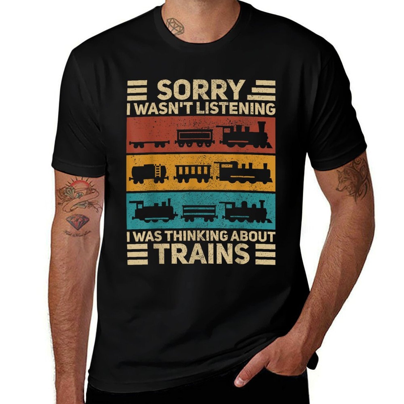 Retro Wagon Train Lover Model Railroad Conductor Funny Train  Rolled Sleeves T-Shirt