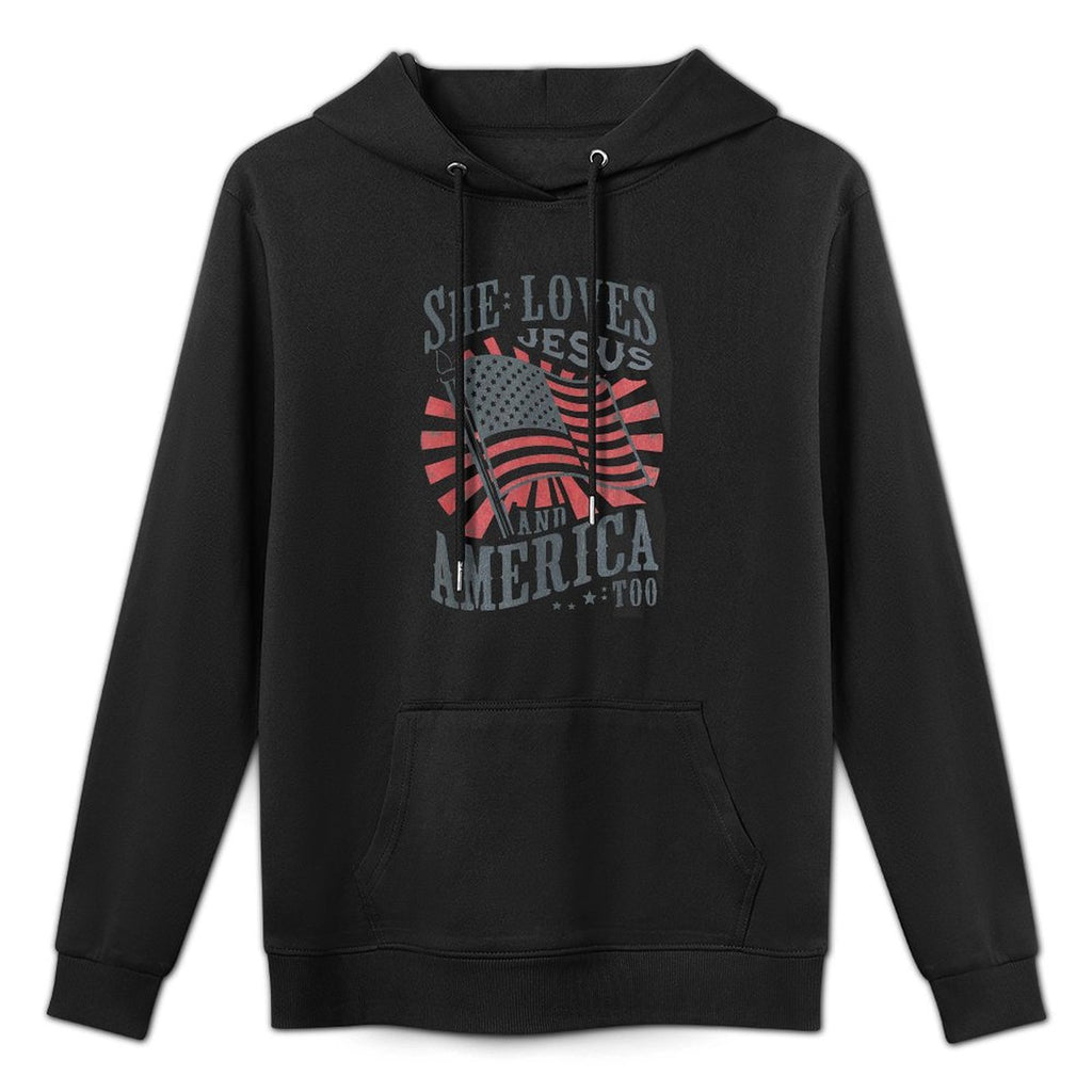 Women Retro She Loves Jesus And America Too USA 4th of July Cotton-Polyester Blend Hoodie