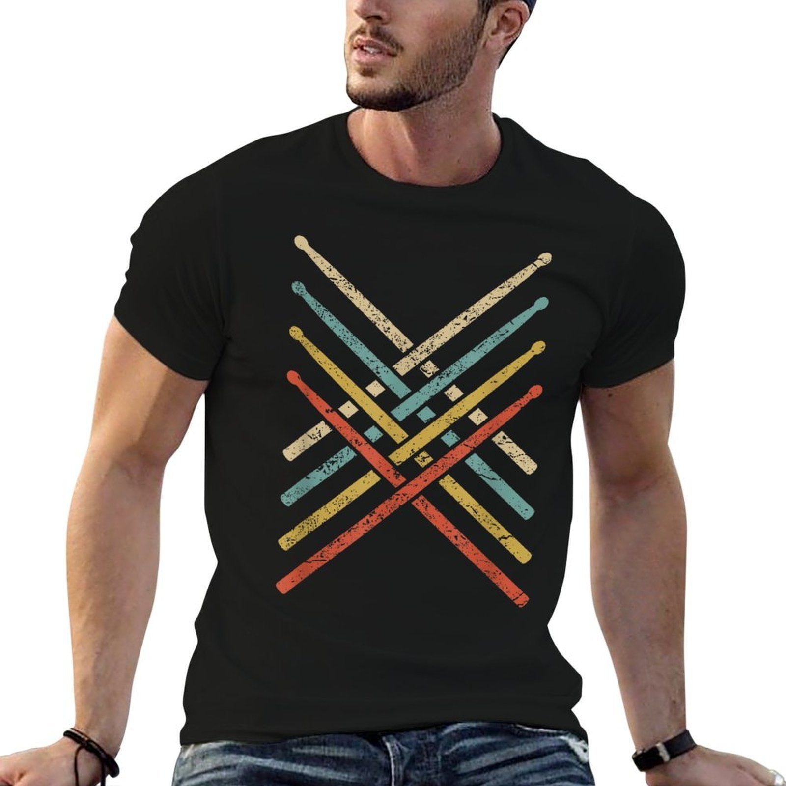 Retro Vintage Drummer 70s 80s Distressed Drum Sticks  Oversized Silhouette T-Shirt