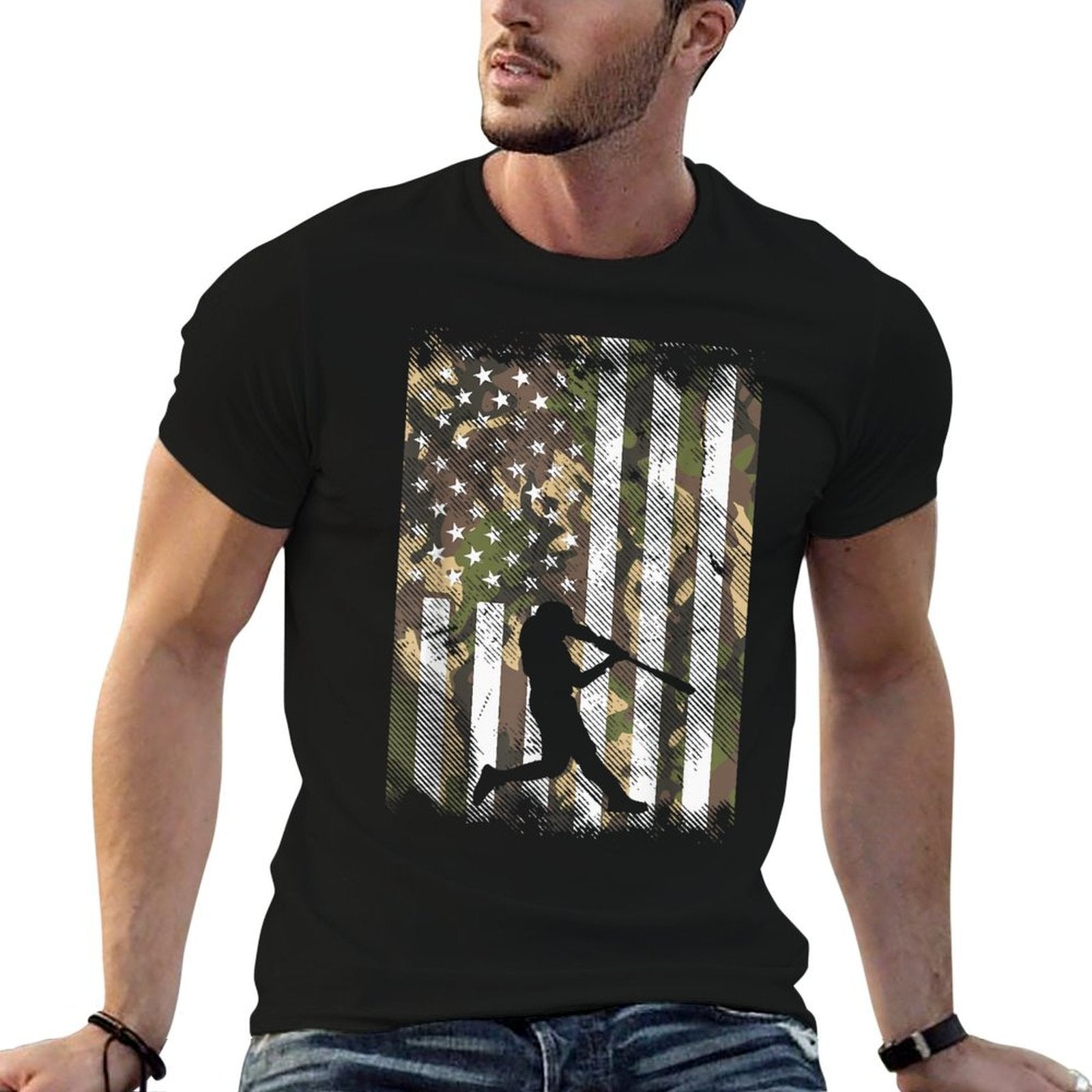 Camo Baseball Player Vintage Patriotic Men Women Kids  Easy-care T-Shirt