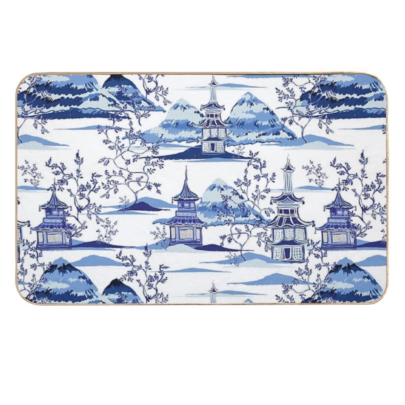 Chinese Pagodas And Mountains in Vintage Blue  Toxin-Free Bath Mat
