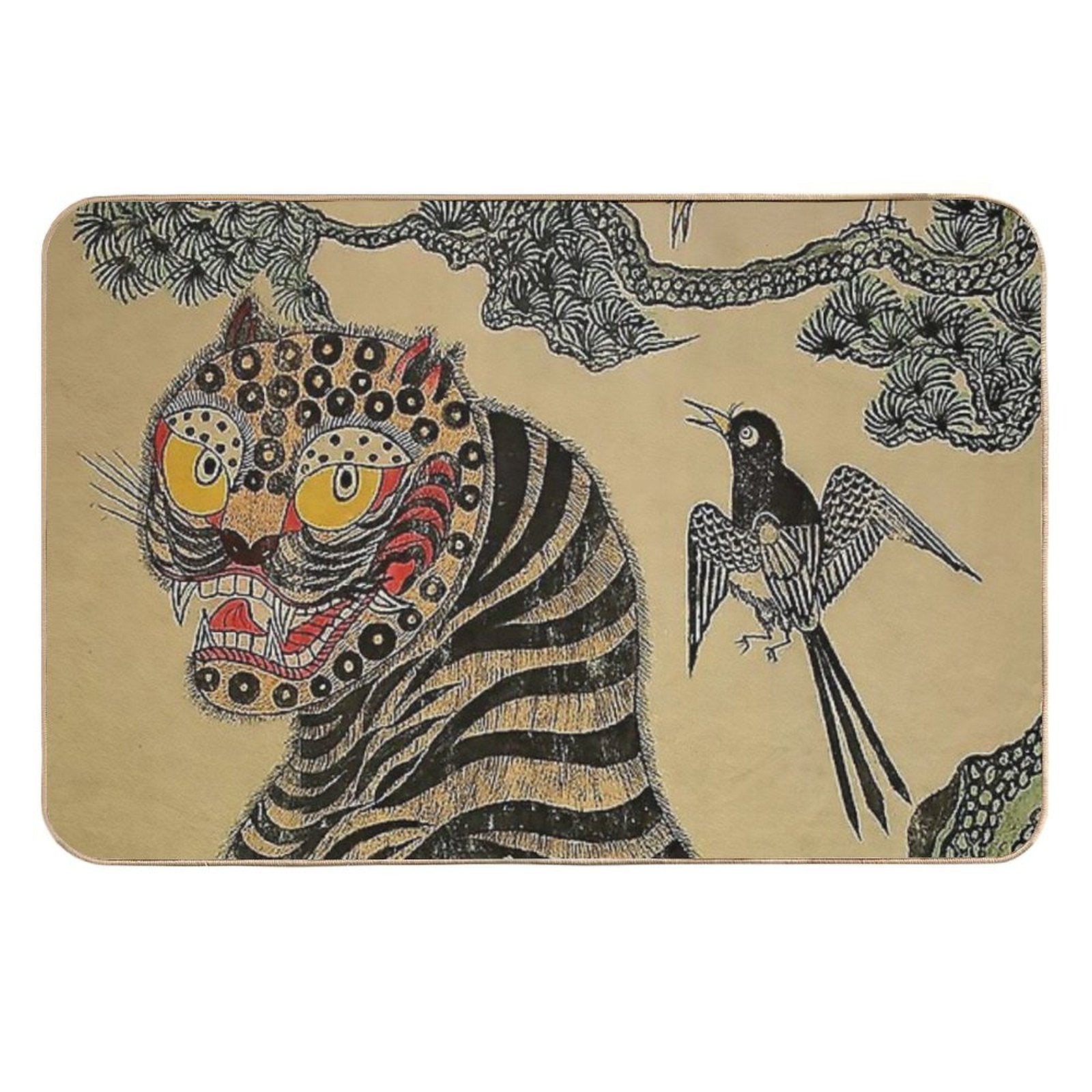 Striped Vintage Minhwa Tiger And Magpie  Easy To Clean Bath Mat