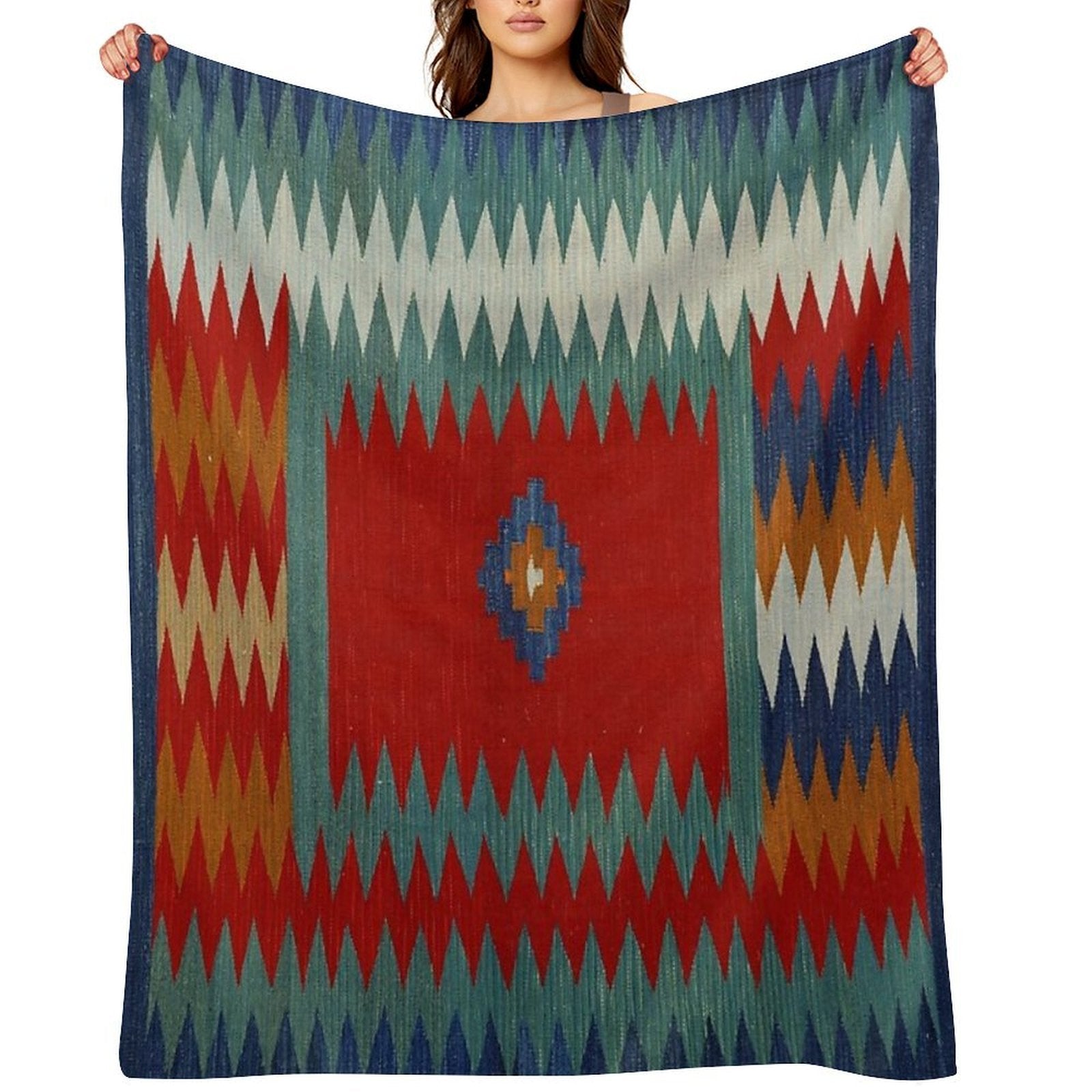 Persian Safreh I 19th Century Authentic Colorful Picture of A Chevron Teal And Blue Desert Rug Comfort Throw Blanket