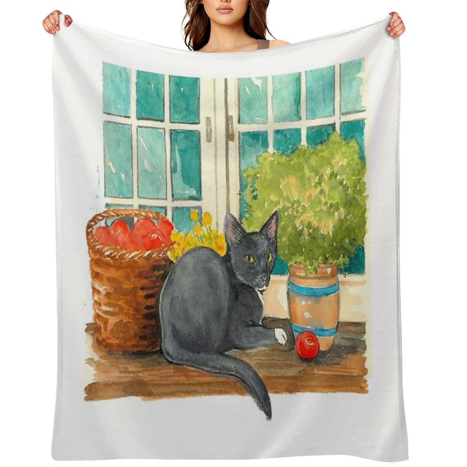 Black Cat on A Sunny Windowsill – Cozy Cottage Illustration Plush Throw Blanket