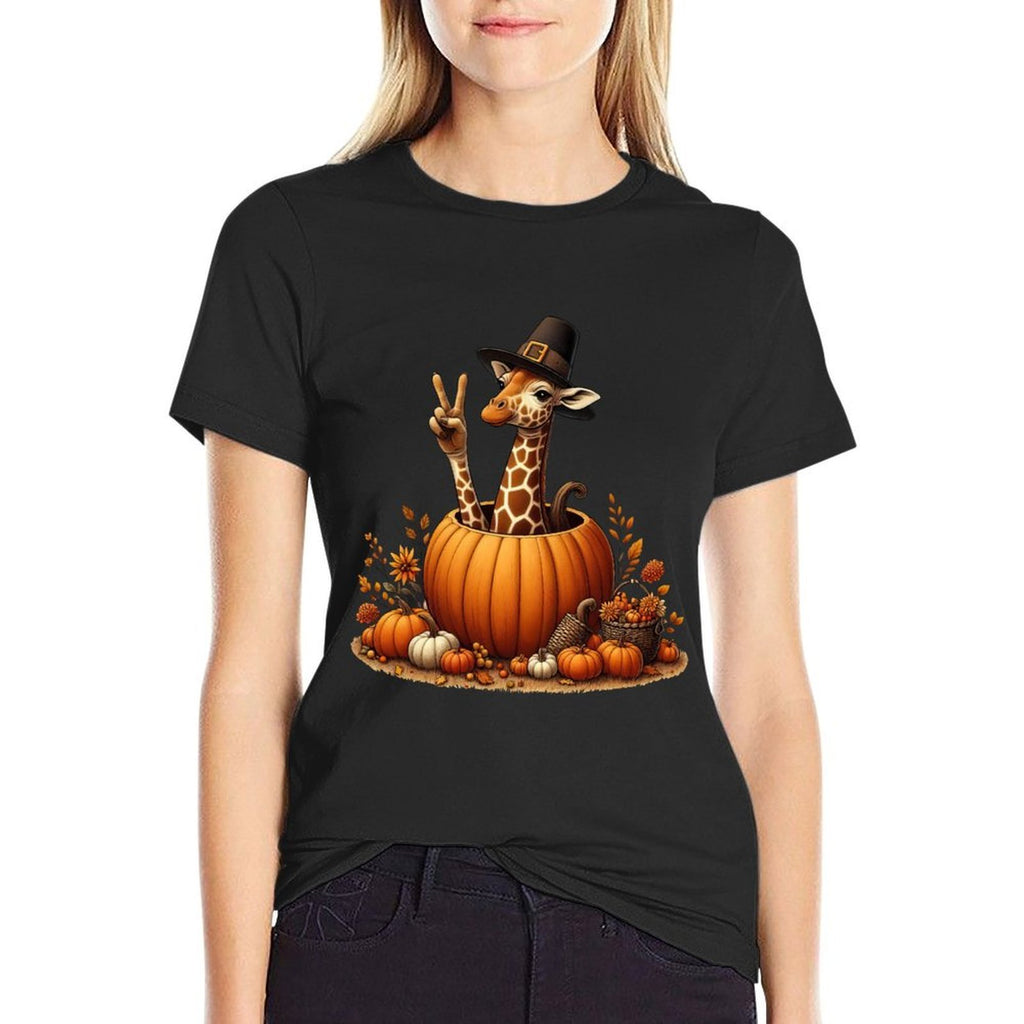 Autumn Pumpkin Fall Giraffe Thanksgiving Womens Mens Kids  Eco-friendly Material T-Shirt