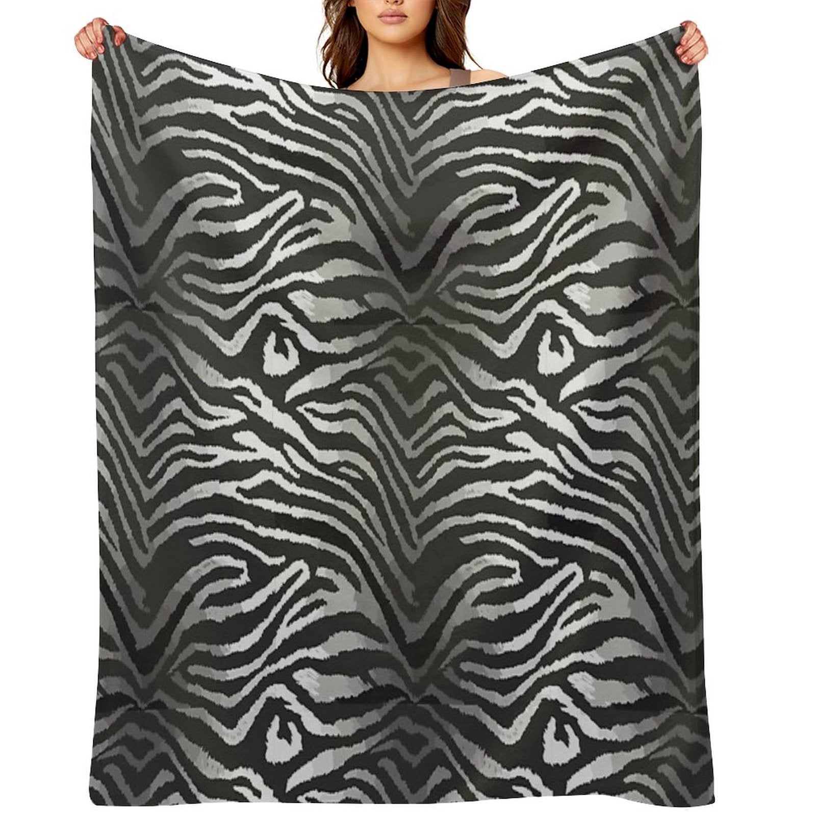 Black And White Seamless Pattern with Tiger Skin, Seamless Tiger Stripe Pattern, Wild Animal Tiger Head Face Mascot Design Vecto Quick-dry Throw Blanket