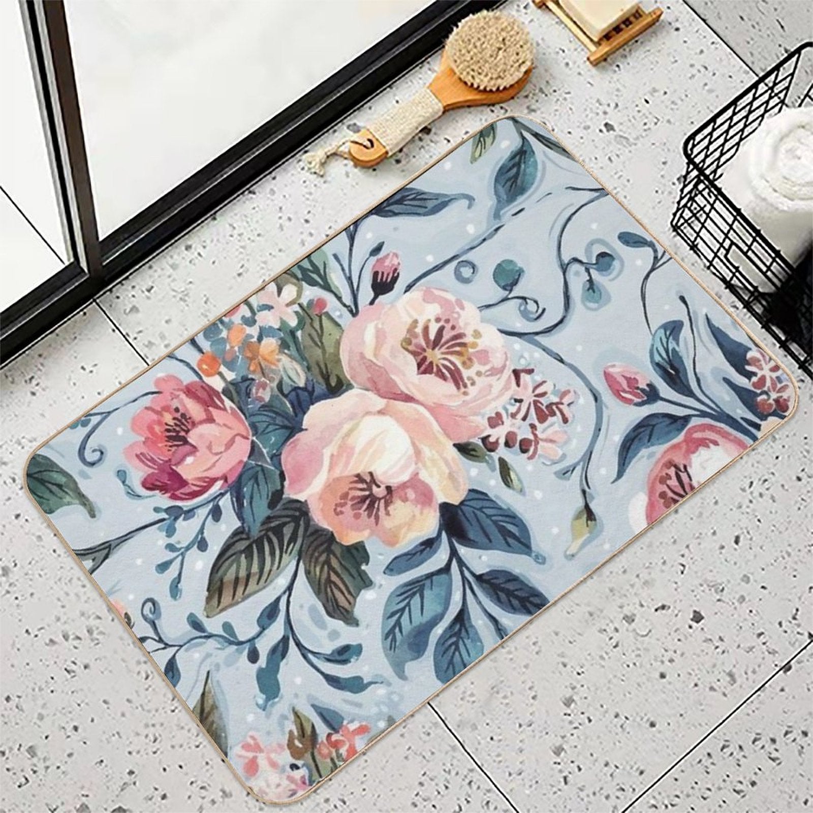 Watercolor Lavender Floral Seamless Design  Easy Maintenance Bath Mat
