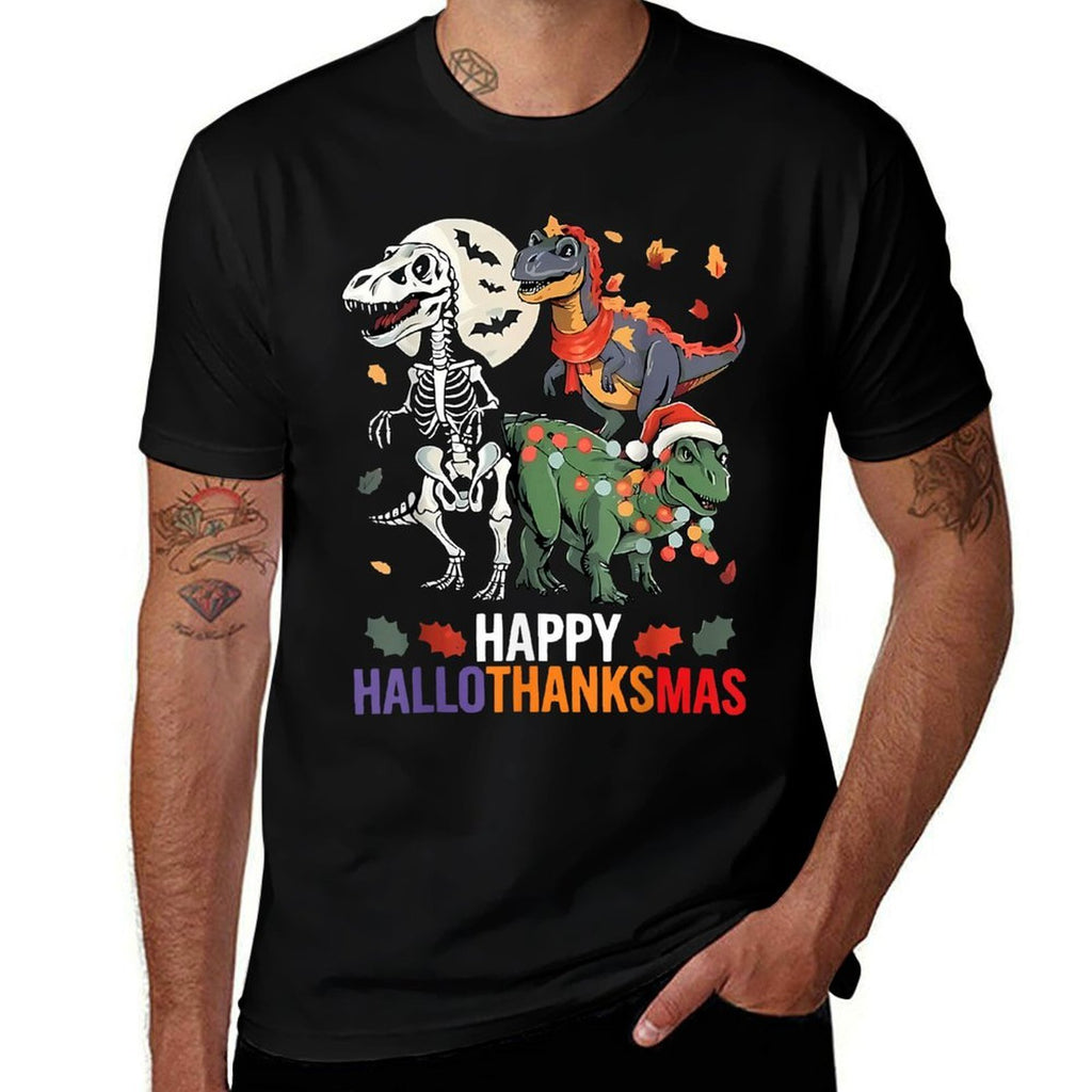 Hallothanksmas Halloween Thanksgiving Christmas Dinosaur  Polyester Blend T-Shirt