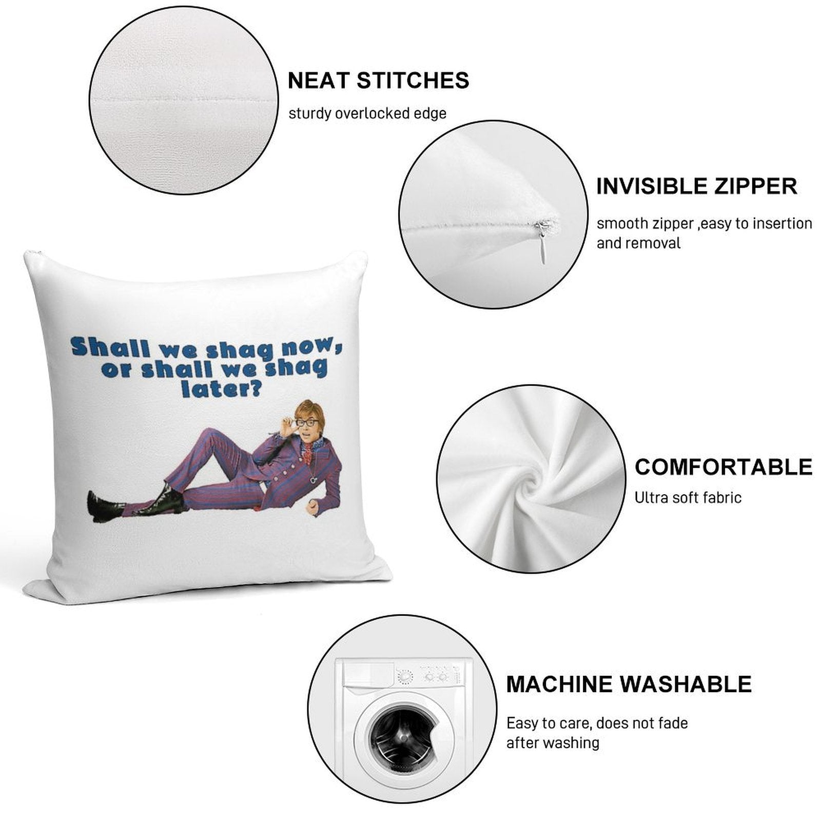 Austin Powers, Shall We Shag Now, Or Shall We Shag Later Soft Short Plush Fabric Throw Pillow