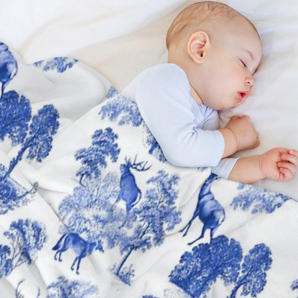 Elegant Vintage Blue Toile Deer in Woodland Travel-friendly Throw Blanket