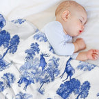 Elegant Vintage Blue Toile Deer in Woodland Travel-friendly Throw Blanket