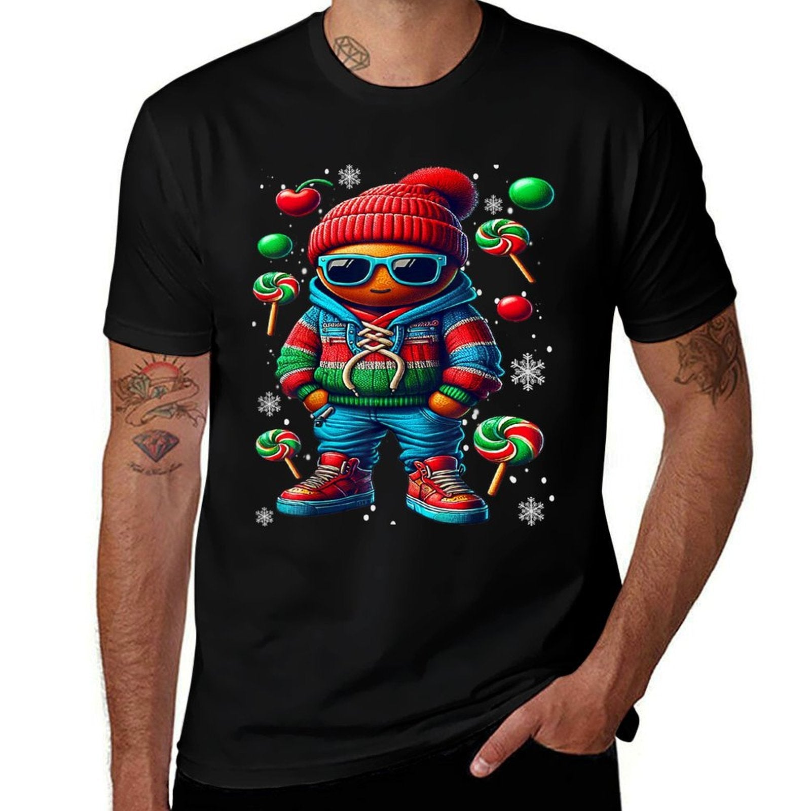 Hip Hop Gingerbread Man X-Mas Funny Christmas Mens Boys  Graphic-printed T-Shirt