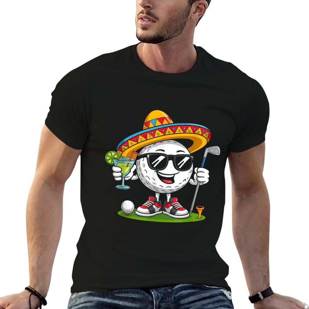 Funny Cinco De Mayo Golf Ball With Sombrero Margarita Golfer  Ribbed Collar T-Shirt