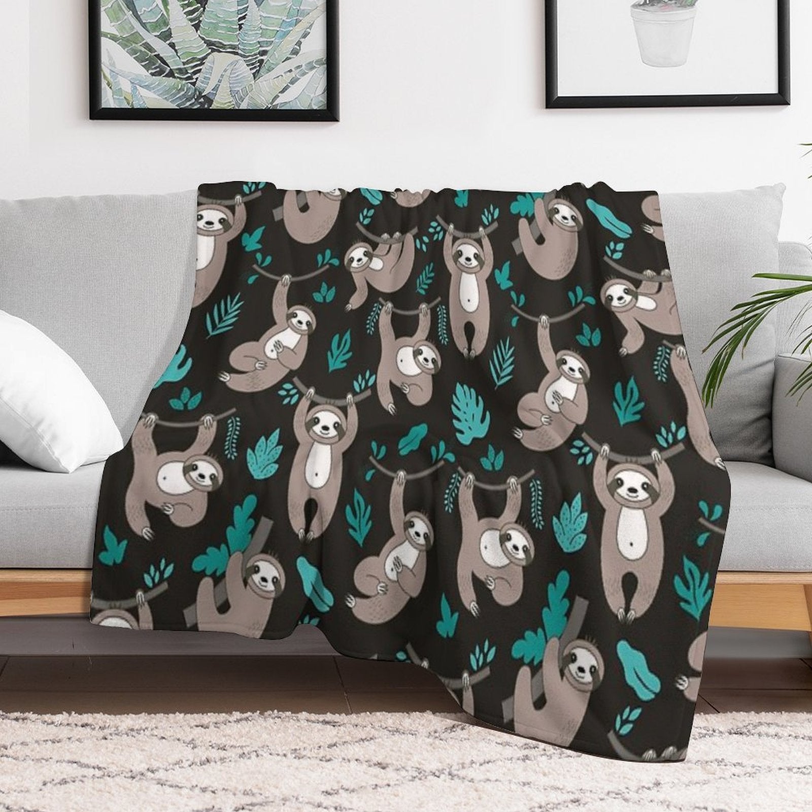 Lazy Sloths on Black Background Multi-functional Throw Blanket