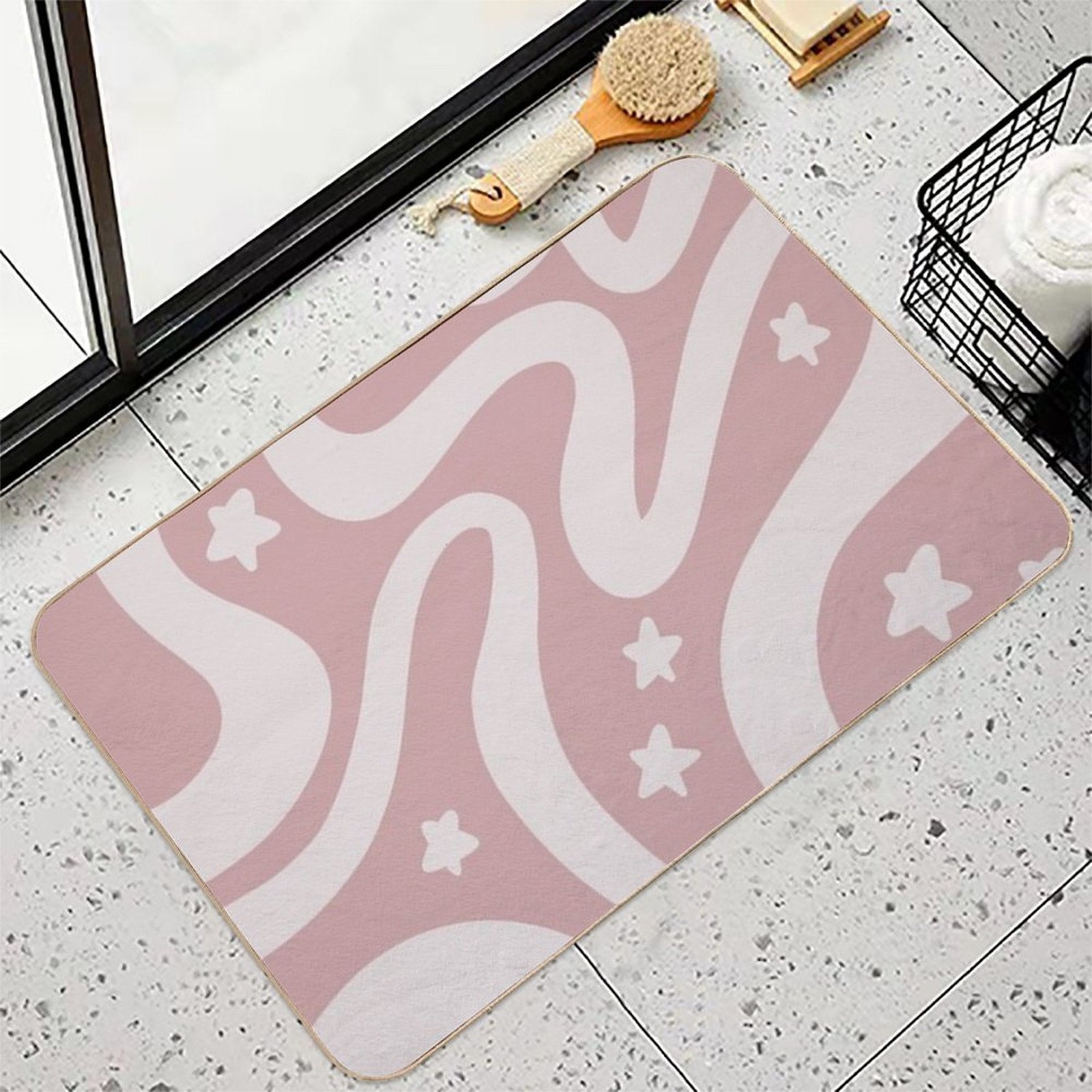Retro Liquid Swirl & Stars Abstract Pattern Pink  High-Traffic Bath Mat